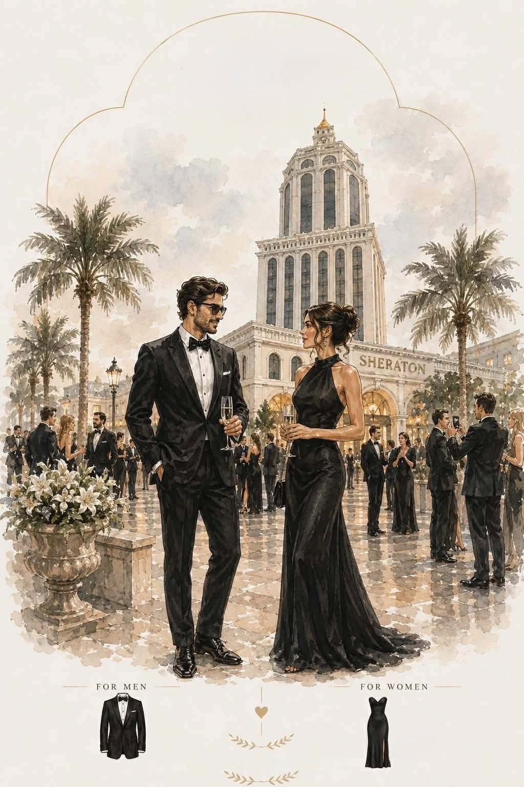Guests in elegant black-and-white evening wear